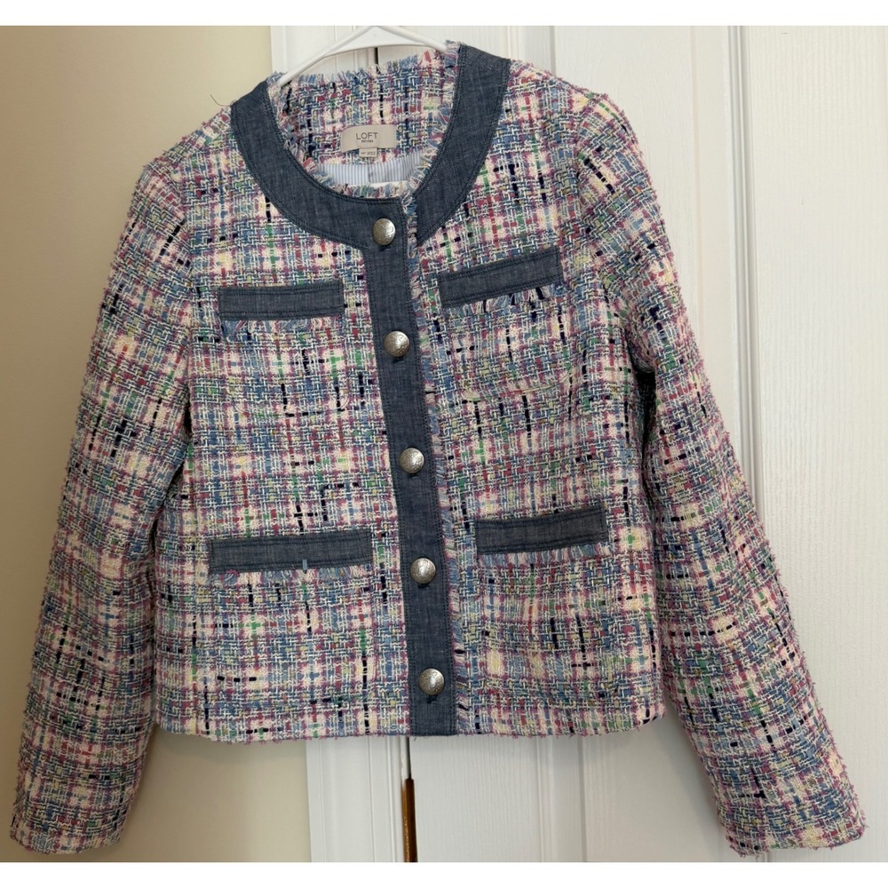 LOFT Petites Multi-Color Tweed Jacket Denim Trim Metallic Gold Accent Size MP